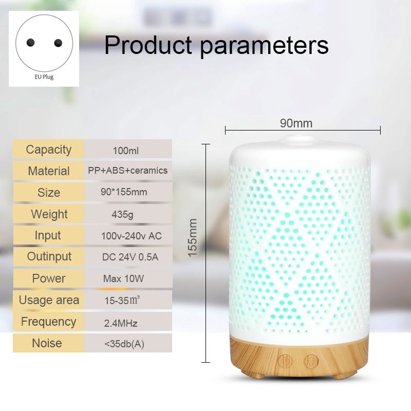 Ultrasone Aroma Diffuser Keramische Luchtbevochtiger Luchtreiniger Verstuiver Essentiële Olie Diffuser Met 7 Kleur Night Lights Voor Thuis Eu