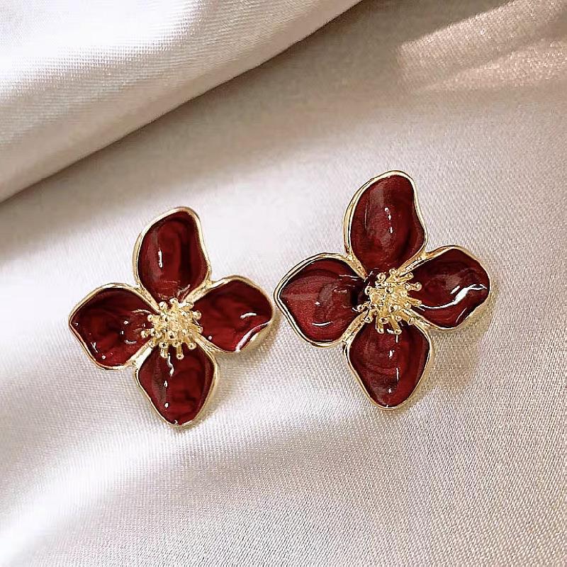 Hibiscus Dropped Glaze Flower Stud Earrings for Women Girl French Vintage Korean Wedding Romantic Jewelry