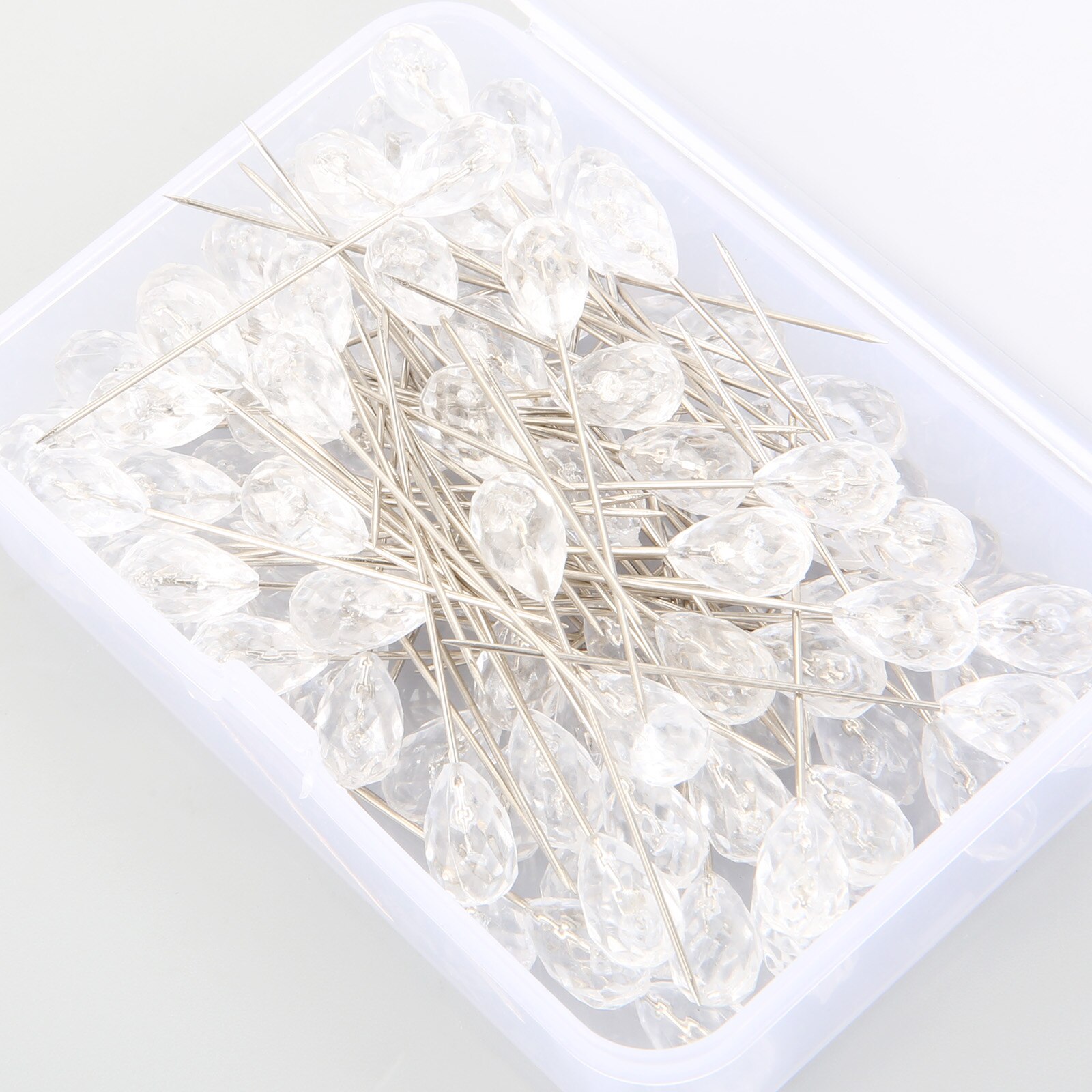 100Pcs(2 Boxes) Clear Diamond Tailor Sewing Garment Straight Pins Wedding Corsage Boutonniere Floral Bouquet Fixed Pin Thumbtack