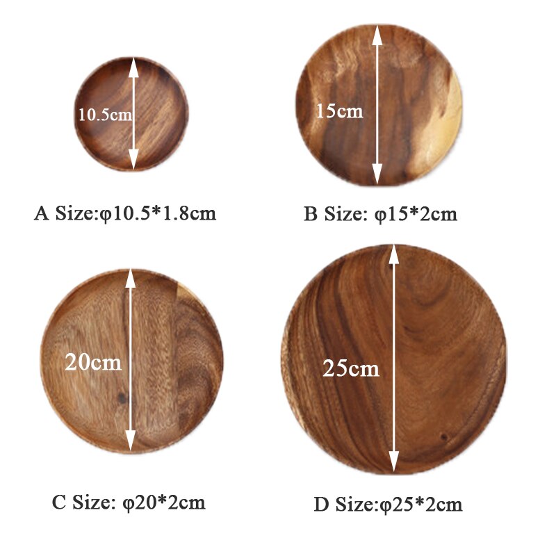Round Solid Wood Plate Whole Acacia Wood Fruit Dishes Wooden Saucer Tea Tray Dessert Dinner Breakfast Plate Tableware Set