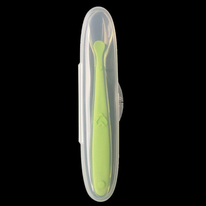 1Pcs Non-slip Baby Spoon+Storage Box Multicolor Baby Training Spoon Baby Feeding Tableware Liquid Silicone Spoon Box: Green