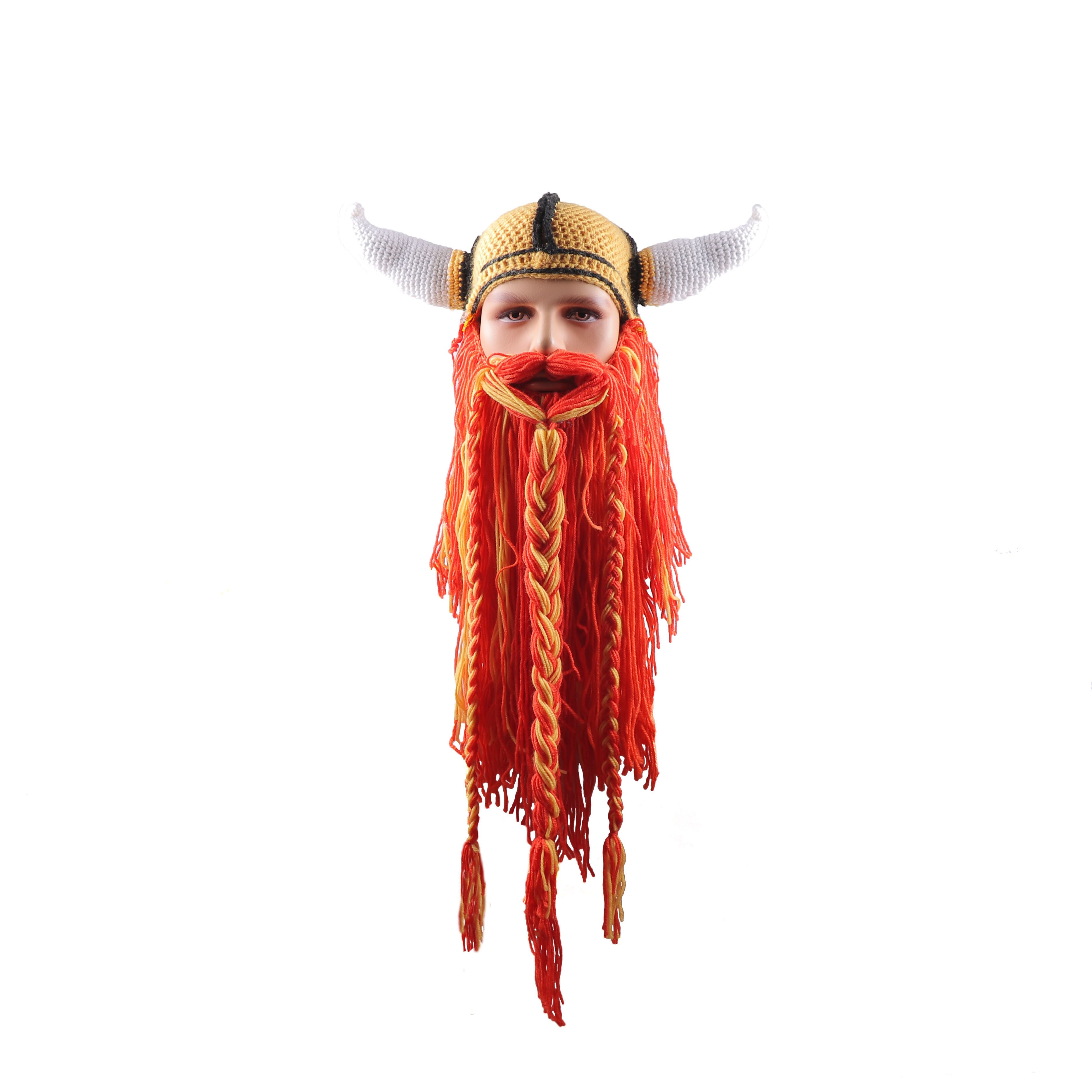 Men's Barbarian Vagabond Viking Beard Beanie Horn Hats Handmade Knitted Winter Warm Caps Funny Halloween Mask Cosplay H9