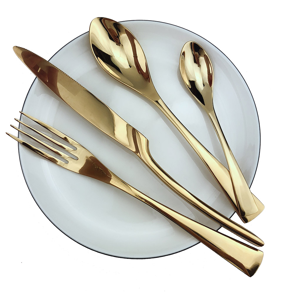 Set  of 4 lyxiga glänsande spegel champagne kniv gaffel sked bestick servis set 304 rostfritt stål bestick silver set: Guld-