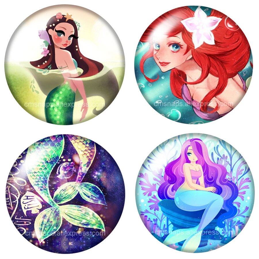 beauty Mermaid fish 18mm snap buttons 10pcs mixed round photo glass cabochon style for snap button jewelry