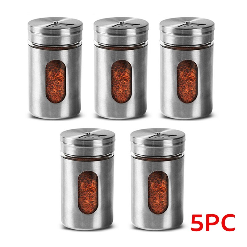 Aço inoxidável spice jar sal açúcar tempero pimenta shaker tempero pode com cobertura rotativa churrasco spice armazenamento garrafa ferramenta de cozinha: 5pcs