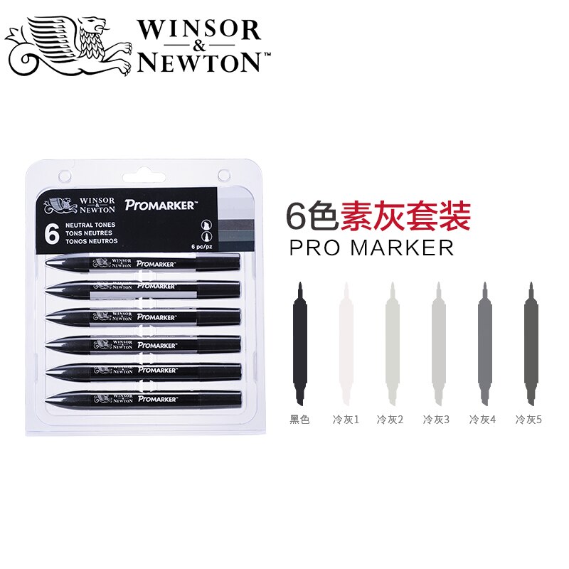 Winsor newton promarker 6/12 väriä taide tussi hieno kärki alkoholipohjainen markkeri kynät kaksipäiset kaksoismerkit animaatio: 6pc neutraalia sävyä