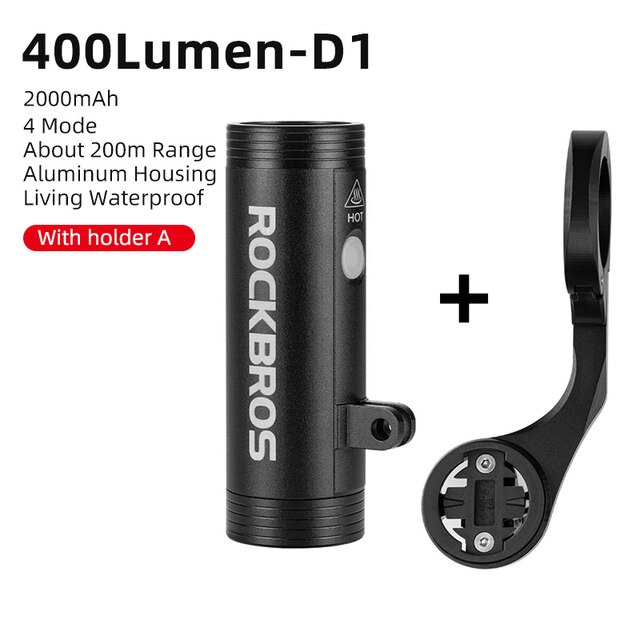 ROCKBROS-Luz LED delantera y trasera para bicicleta, faro trasero para ciclismo de montaña, con USB, 400/800/1000LM: D1-400 and Bracket