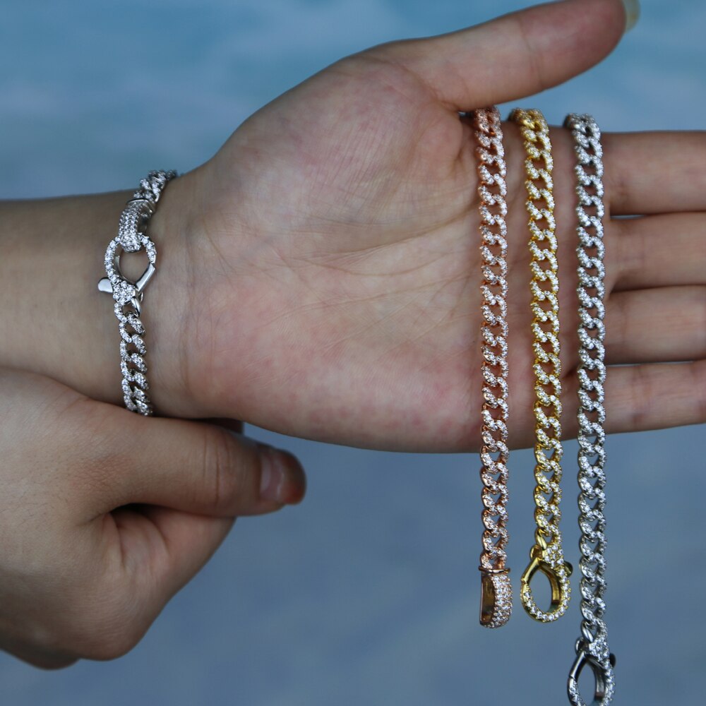 Novo design fino cz cubana link chain pavimentado zircônia cúbica lagosta fecho iced para fora bling pulseira cubana para mulher