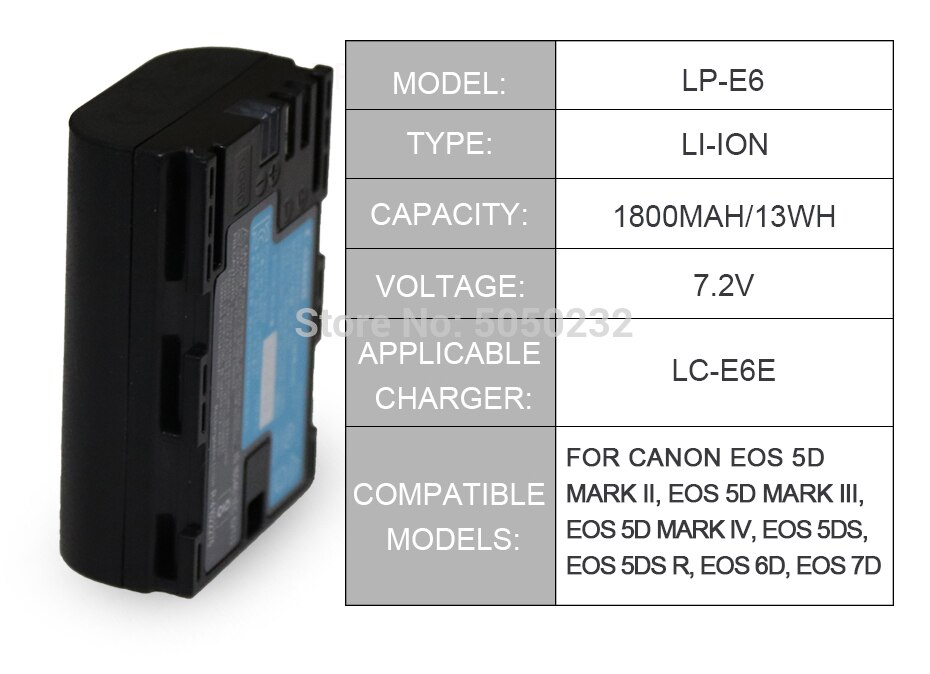 7.2v 1800 mah lp -e6 lp e6 lpe 6 batteri til canon eos 5d mark ii iii iv eos 5ds 5 dsr 6d 7d 7d mark  ii 60d 60da 70d 80d bg -e6