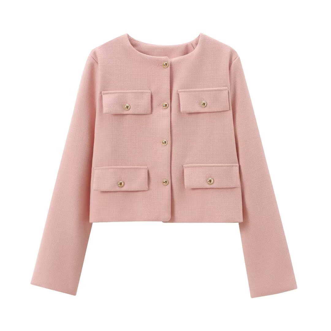TRAFZA Giacca corta elegante da donna 2024 Giacca moda da donna O-Collo a maniche lunghe con tasca ribalta Cappotto femminile Casual Outwear Top: M / Cielo Blu