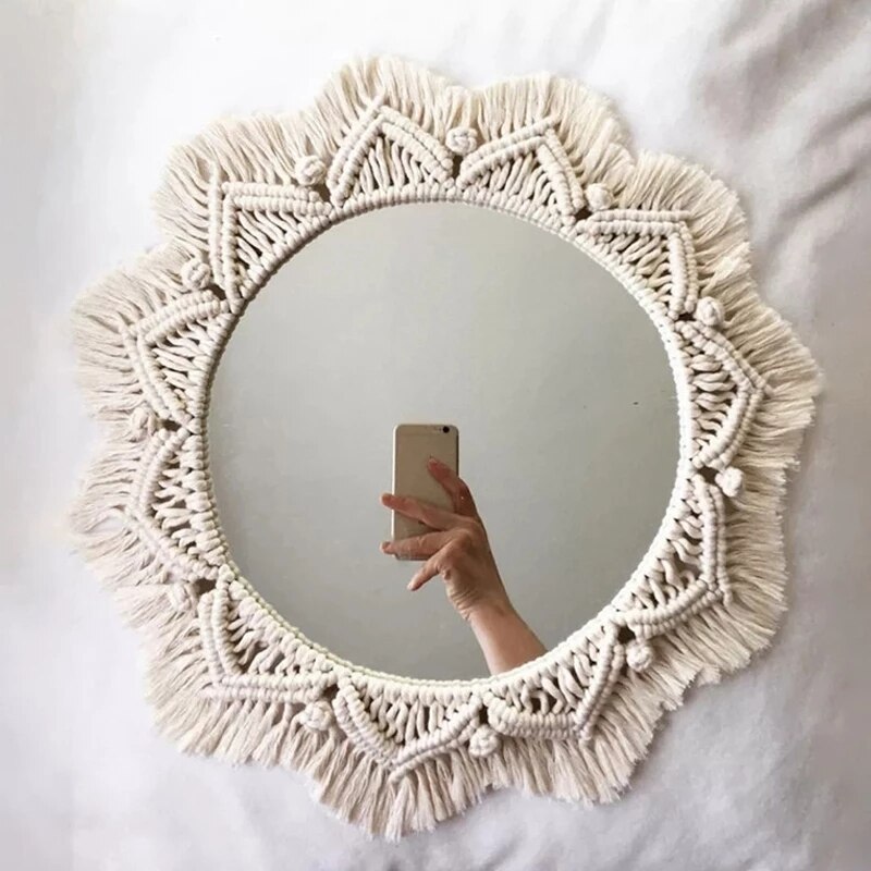 Pyöreä makrameen koristeellinen seinäpeili boho-kodin sisustukseen meikki esteettinen olohuone makuuhuone jouluhääkoristelu: 25cm peili