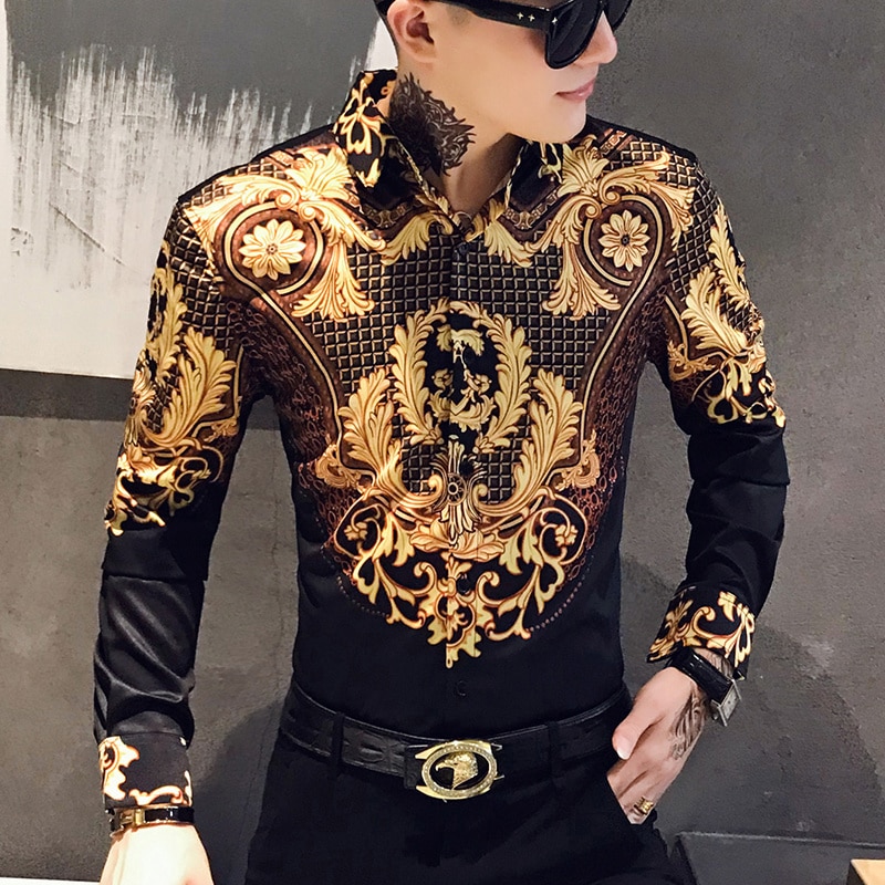 Casual blus homme barock bankettskjorta paisley svart guld herrskjorta lyx koreansk herr långärmade skjortor herr slim fit