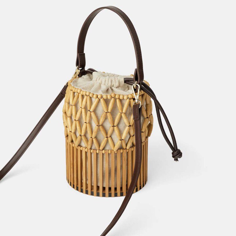 Bamboe damestas geweven canvas tas schoudertas dames emmer crossbody boodschappentas (met sjaal)