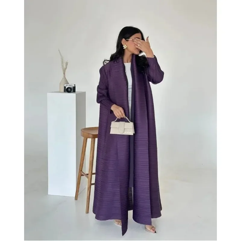 Gghk plisseret kvinders luksuriøse trenchcoat ensfarvet revers langærmet cardigan vintage løs stor størrelse arabisk abaya til kvinder: Guld