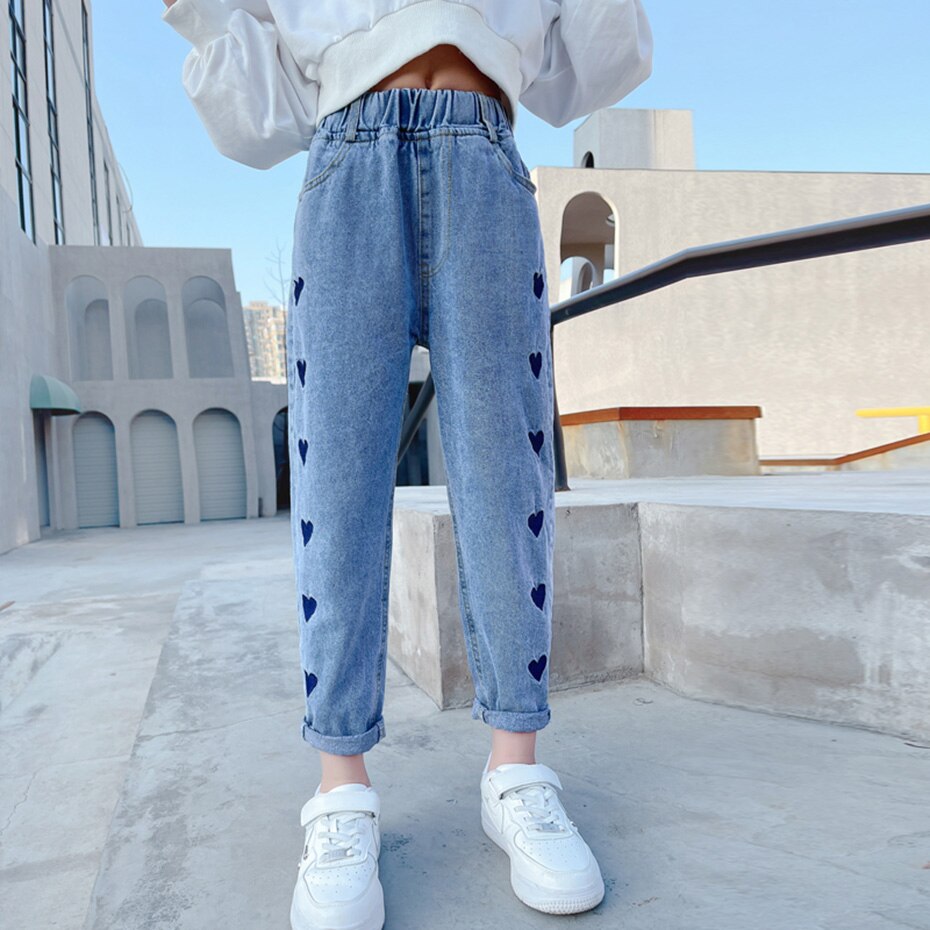 Jeans Girl Heart Pattern Kids Jeans Girls Casual Style Children Jeans Spring Autumn Children's Clothes 6 8 10 12 14