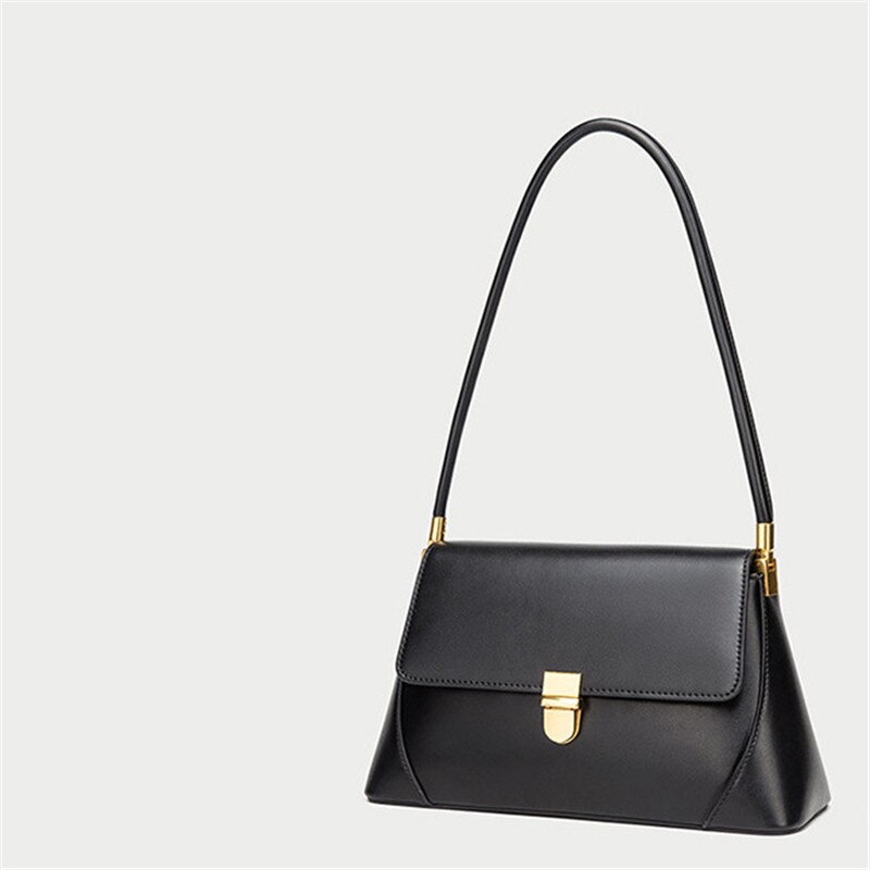 And Simple Solid Color Cowhide Bag Armpit Retro Minority Dharma Stick Women's Bag Portable Shoulder Bag: black