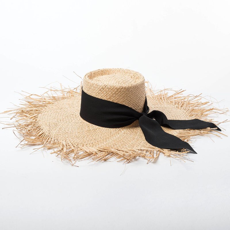 Sombreros Floppy de rafia elegantes para las mujeres negro blanco lazo visera del sol sombreros con flecos ala grande playa gorros con protección UV verano sombrero: with black band-bow