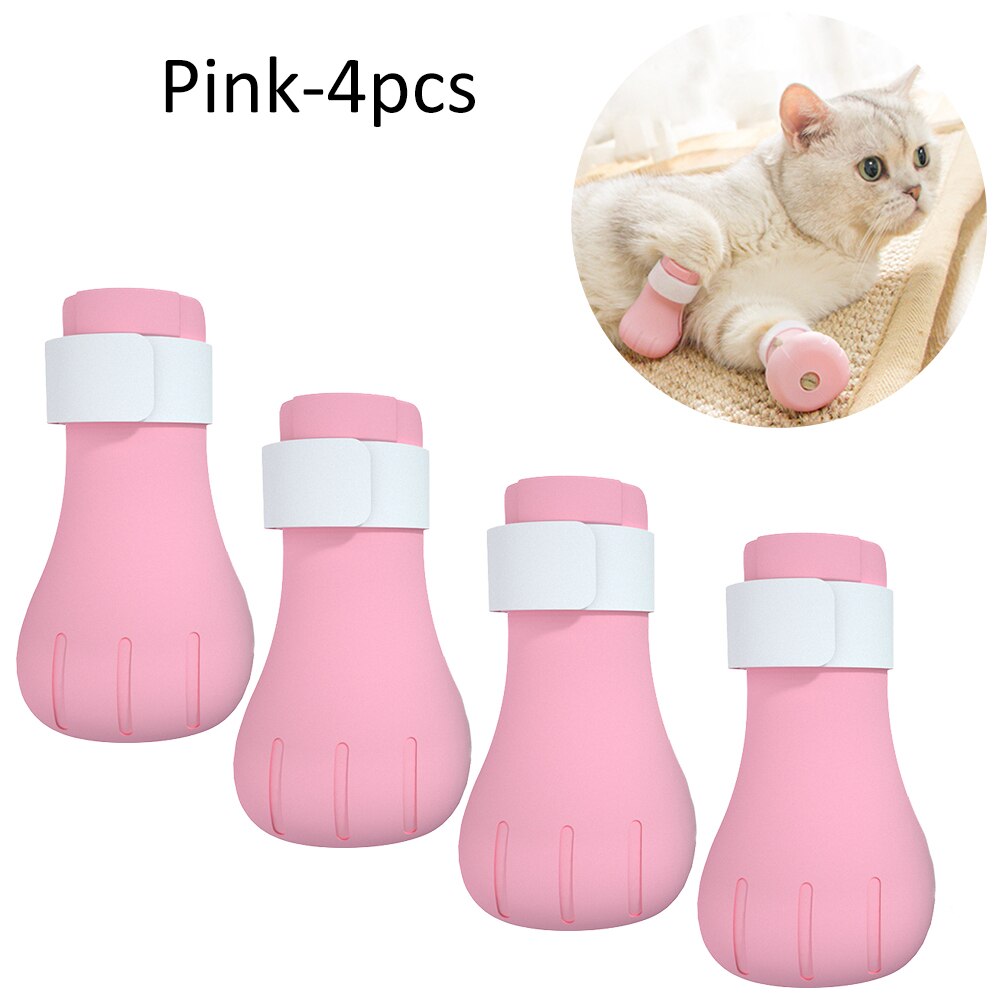 Chaussures anti-rayures en Silicone pour chat, bottes réglables pour animaux de compagnie, bain, lavage des griffes, couverture de patte, protecteur, fournitures de toilettage, 4 pièces: Pink