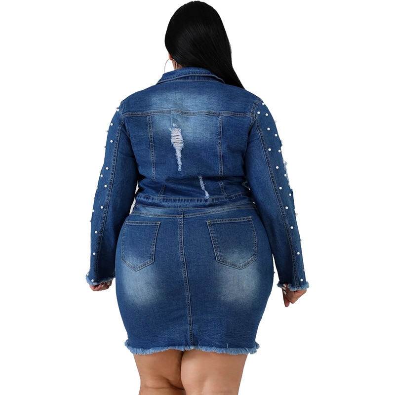 Denim skirt suit beaded wash old casual autumn and winter plus size women's denim jacket + denim skirt 2 sets