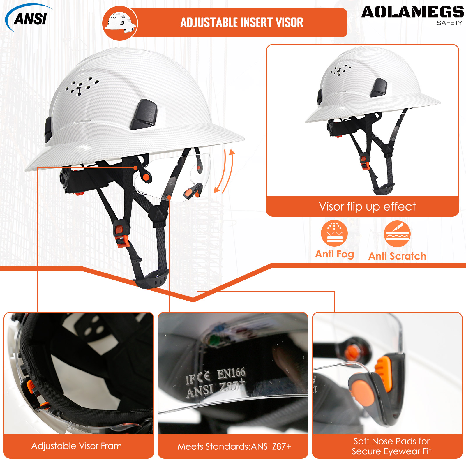 Capacete de segurança ce em fibra de carbono com aba completa e óculos de proteção, construção anticolisão, capacete de segurança ansi para engenheiros, boné de trabalho respirável.