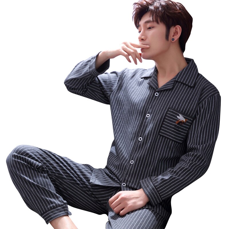 Autumn Men Pajamas 100% Cotton 2 Pieces Sleepwear Pijama Man's Warm Bedgown Home Clothes PJ Black Pure Cotton Pajamas: M