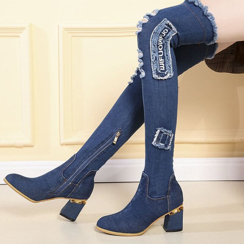 Denim damskie buty na buty do kolan szpiczasty nosek grube szpilki buty kobieta dorywczo dżinsy z frędzlami zakolanówki buty Botas Mujer