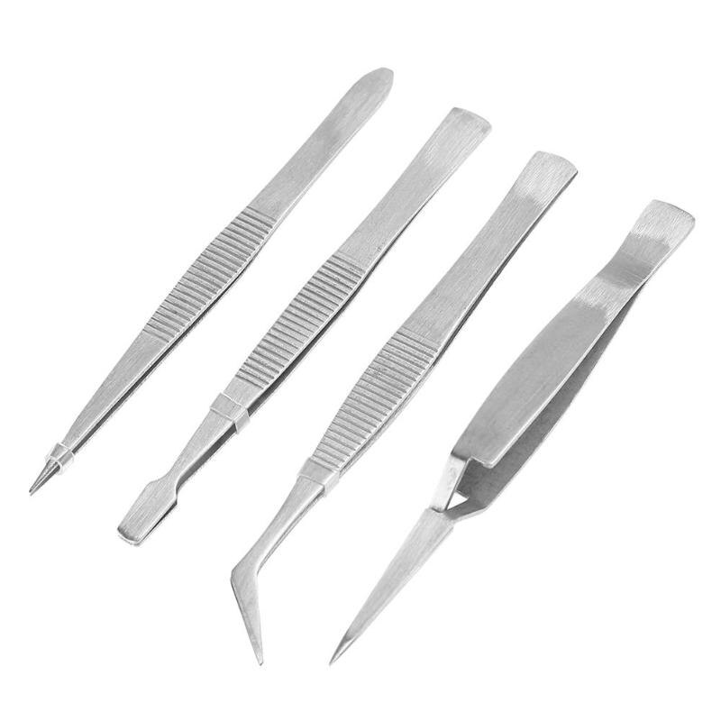 4pcs Stainless Steel Tweezers Pointed Elbow Flat Cross Craft Kraft Hobbies Sewing Tweezers Repair Maintenance Tool