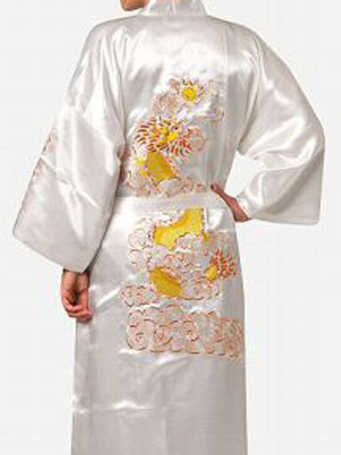 Chinese stijl gewaad klassieke borduur draak kimono man homewear lange badjas satijnen nachtjapon losse nachtkleding loungewear: XL / Beige
