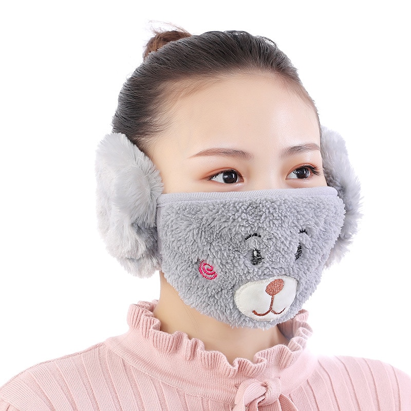 Udendørs vinter ørebeskyttere til piger kvinder ørepropper munddæksel bjørn fløjl drenge vinter øreprop wrap øre varmere øreprop: Grå voksen