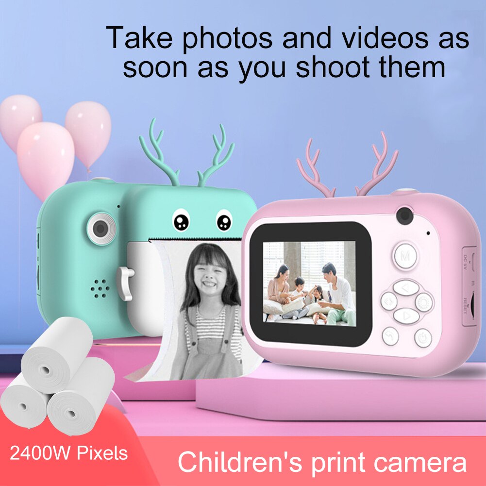 16G Cute Antler USB Rechargeable Selfie Photography 2.4inch Screen Birthday For Kids Instant Print Camera Mini Portable