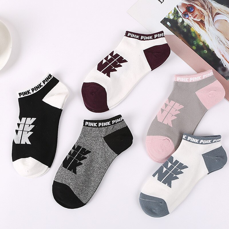 5 paar roze sokken met kleurrijke grappige sokken, roze letters, voetbalsokken, harajuku streetwear enkelsokken: 1
