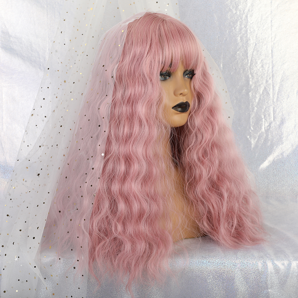 ALAN EATON Long Wavy Women Wigs High Temperature Fiber Synthetic Wigs Long Hair Cosplay Wigs Pink Wig with Bangs Lolita Cosplay