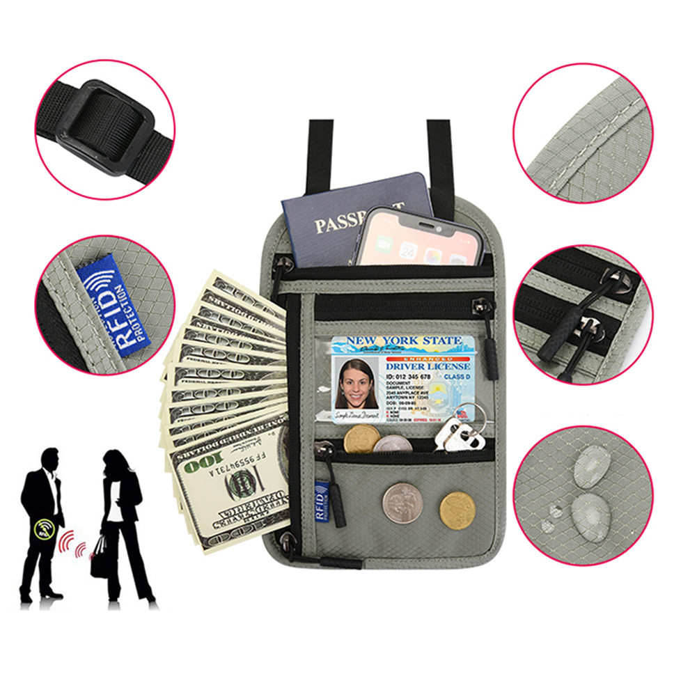 Sac de rangement pour documents de voyage, porte-passeport RFID ID, organisateur de cartes de crédit, bandoulière réglable, sangle de cou à utiliser pour unisexe