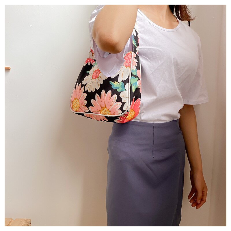 Vintage Canvas Ladies Underarm Armpit Bag Flower Pattern Women Purses and Handbags Girls Hobos Shoulder Bags Small Tote