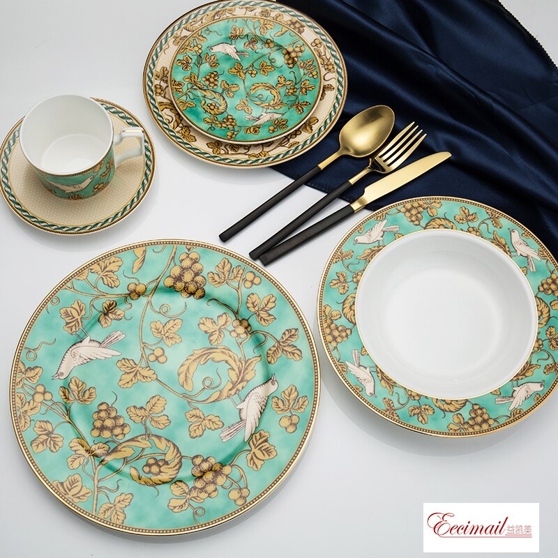 EECAMAIL British Style Bone China Model Room Club Western Tableware Steak Plate Home Salad Plate Golden Bird Series Set