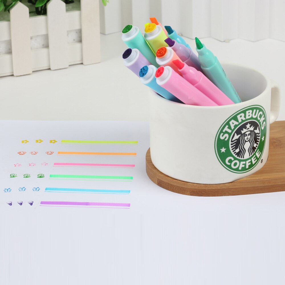 Pencil Shaped Stamp Highlighter Pen Double Ended Hexagonal Mini Fluorescent Marker 6 Pcs/ Bag Textmarker Students Kids