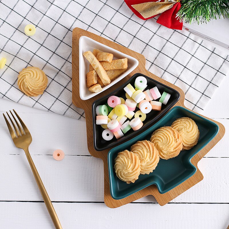 Hout Gerechten Snack Kerstboom Keramische Gerechten Porseleinen Borden Servies Servies Salade Cake Fruit Dessert Xmas Decoratie