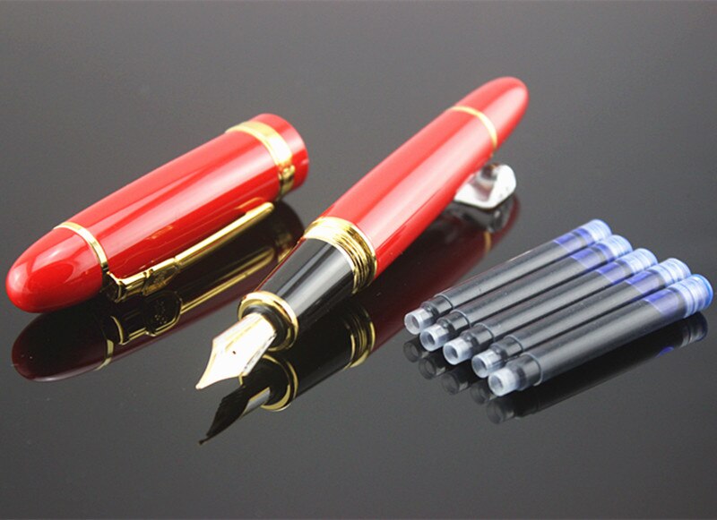 JINHAO 159 0.7 mm Nib Metal Fountain Pen Black Lacquer Gold Trim Big Heavy signature Business office ink black Refill: W / Bent Nib 1.0MM