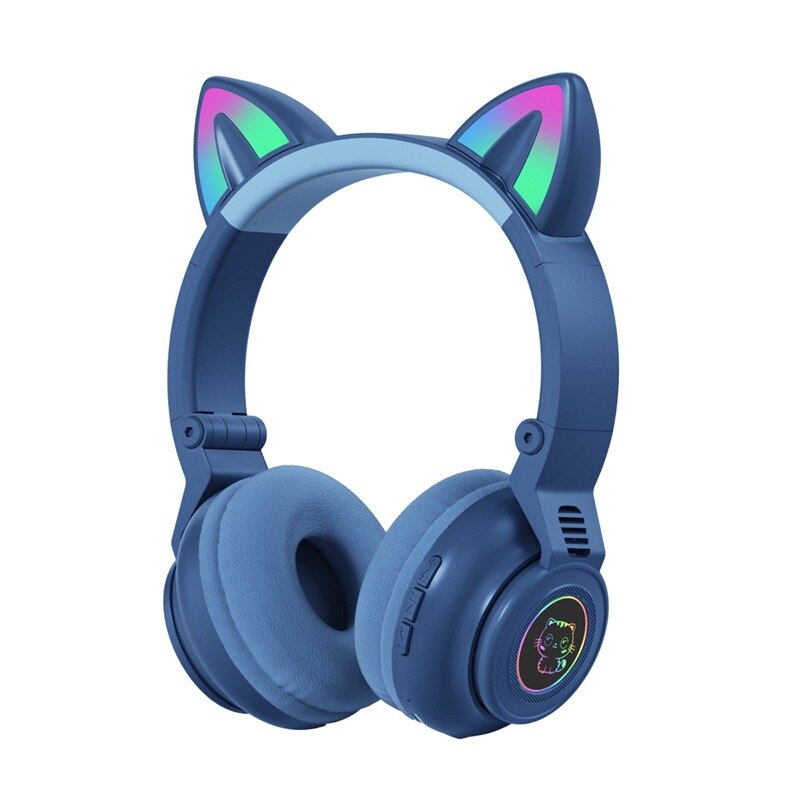 Head Wireless Headset Cat Ear Bluetooth 5.0 Headphones RGB 3.5mm Audio Jack Foldable Earphone For Cell Phone Tablet PC Laptop: 02 blue