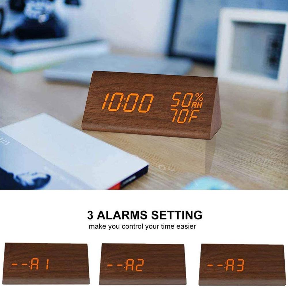 Reloj despertador de humedad y temperatura, reloj Digital triangular para habitación de bebé, de madera, silencioso, luminoso, Led, electrónico