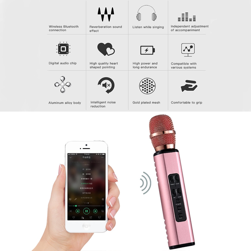 Microfono Karaoke Bluetooth - Microfono Intelligente Portatile Wireless con Doppio Altoparlante per Telefono Cellulare