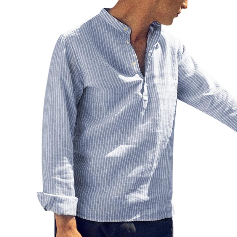 Trend Gestreepte Katoenen Shirts Jurk Mannen Shirts Kraag Button Tops Lange Mouw Losse Mode Sociale Overhemd Strand Tee Camisa