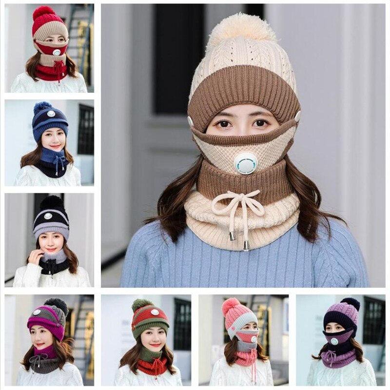 3 Pieces Set Women's Knitted Hat Scarf Caps Neck Warmer Winter Hat for Ladies Girls Skullies Beanies Warm Fleece Caps