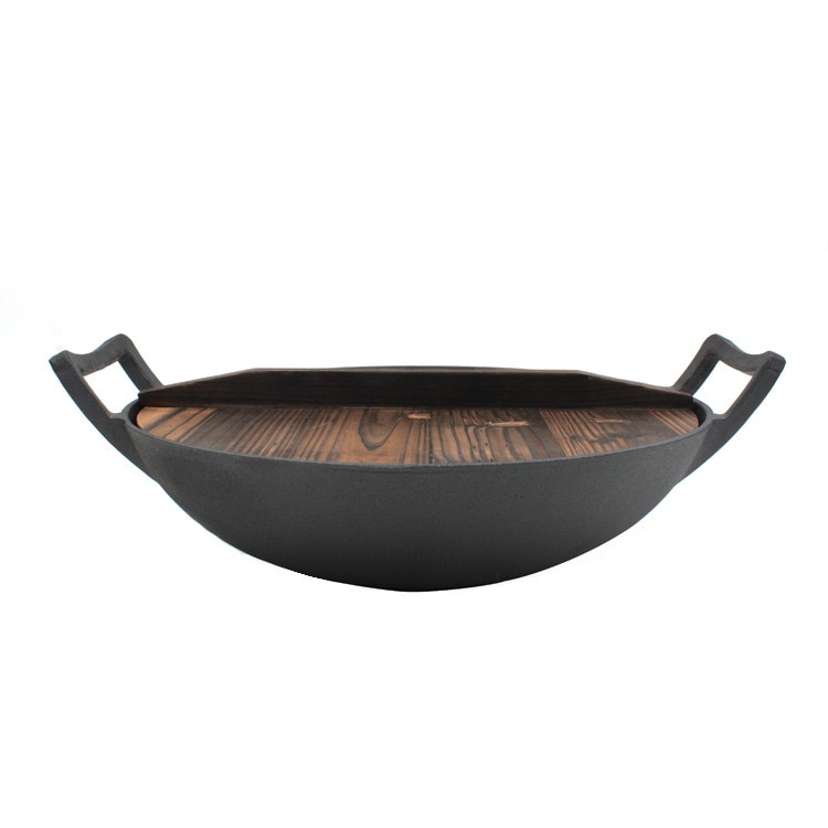 Oude-Stijl Varken Ijzeren Wok Ongecoat Non-stick Pan Verdikte Dubbele Oor Gietijzeren Wok Platte Bodem Wok