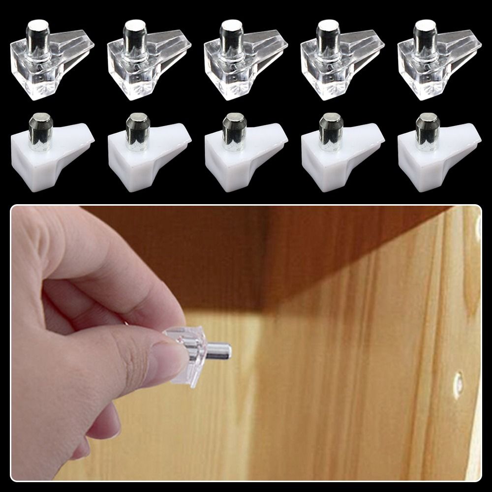 Support d'étagère transparent blanc avec goupille métallique, quincaillerie de support de planche, chevilles en plastique, filetage de goujon, accessoires de meubles, 5mm, 10 pièces