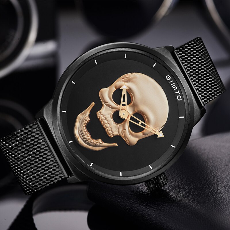 GIMTO-relojes casuales de acero inoxidable para hombre, reloj de pulsera masculino de cuarzo, con de calavera dorada, color negro