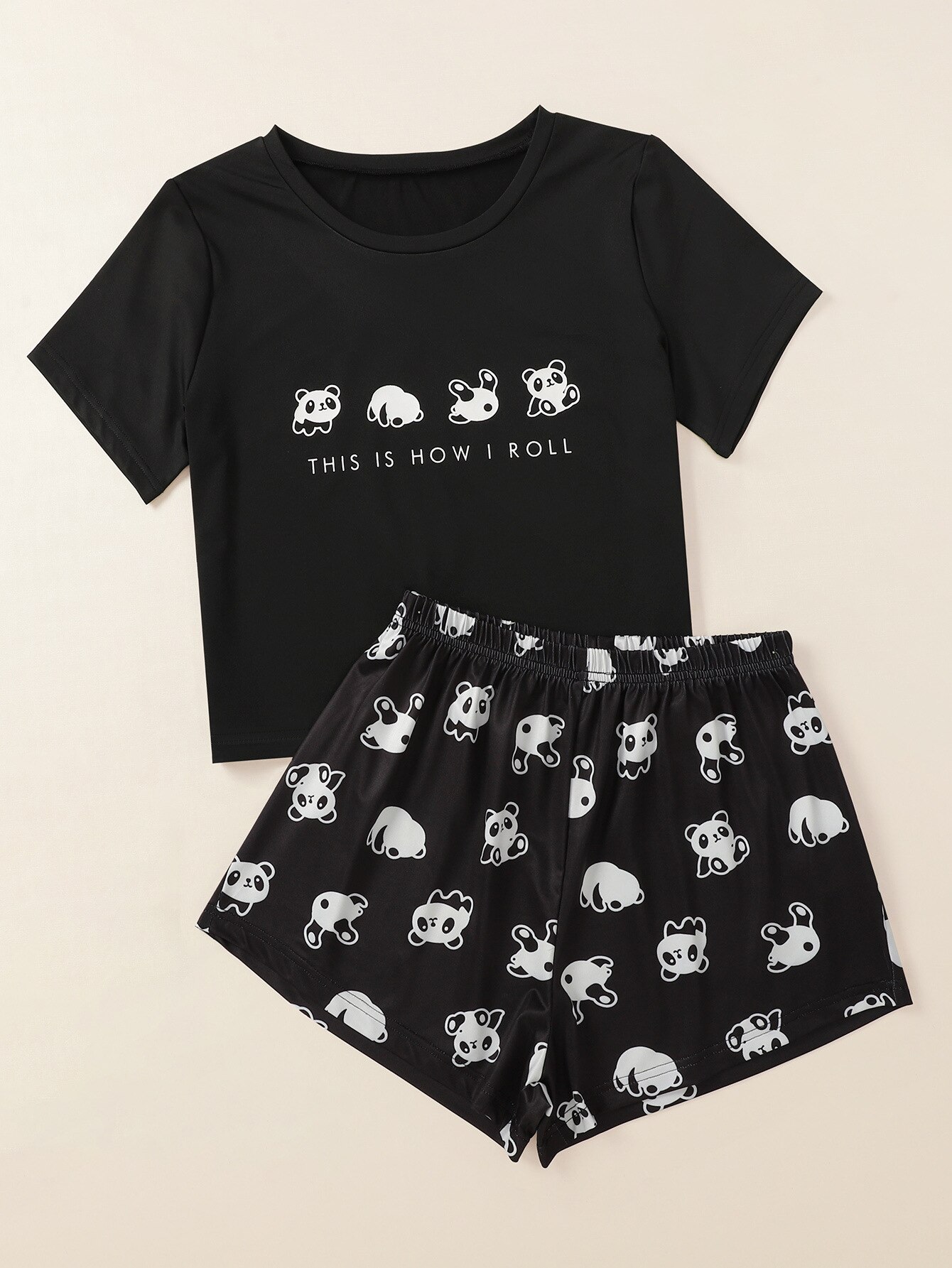 Style Women's Cute Cartoon Panda Short Sleeve T Shirts & Shorts Pajama Set Summer Comfortable Sleepwear Home Suits Underwear: BLACK / L