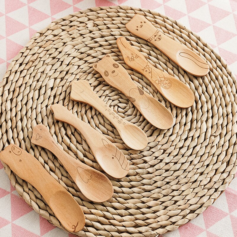 Cuillère en bois pour enfants, dessin animé mignon cuillère à café thé soupe cuillères à remuer Dessert couverts à miel enfants outils de cuisine, vaisselle