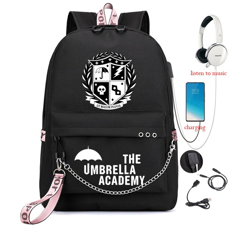 The Umbrella academy Usb Backpack School Bag Laptop Rucksack Women Men Backbag Travel Daypacks Chain Leisure Backpack Mochilas