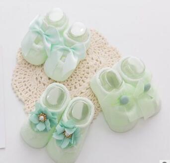baby baby thin cotton socks floor combed cotton bud silk flowers bow antiskid ship rubber toddler baby non-slip socks point: Green 3 pair / 0 to 1 year